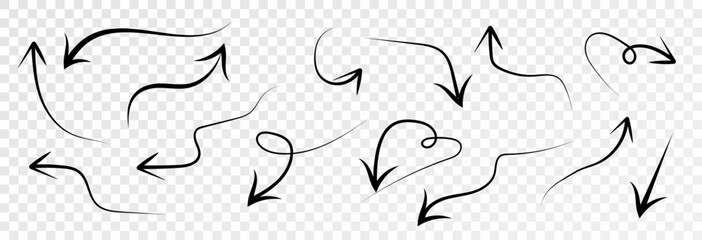 Set of black hand drawn arrows and frames. Collection of various arrow and frame icons signs. Set of modern simple vector arrows on transparent png background.