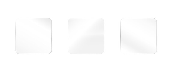 Glass effect, set of mirrors on transparent background, transparent glass showcase, mirror, window. Realistic glossy plate with glare, vector png.