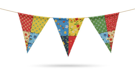 Fototapeta premium triangular flags hanging side by side on a string, composed of patchwork designs with colorful fabrics showcasing floral, polka dots, and checkered patterns; ideal for vibrant decorations for part