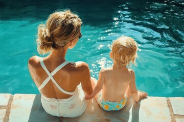 mother and daughter enjoying sunny poolside moment together