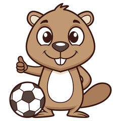Cheerful Beaver Cartoon Character Giving Thumbs Up Next To A Soccer Ball Isolated