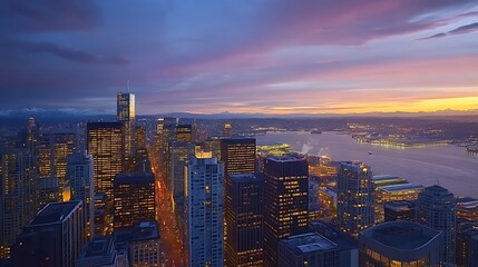 Fototapeta premium Warm sunset beams lighting up city skyline and structures high resolution picture