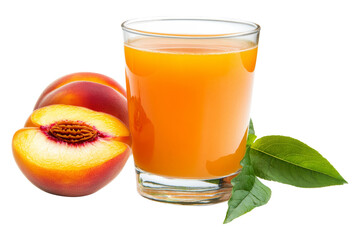 Glass of peach juice with whole and halved peach and green leaves isolated on transparent background
