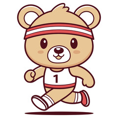 Cartoon Brown Teddy Bear Running with Headband and Number One on Transparent Background