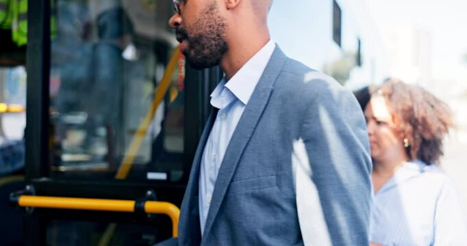 People, wait and enter bus in city for public transport, morning commute and location of urban stop. Row, passengers and vehicle arrival for travel, boarding terminal and sidewalk for journey to work