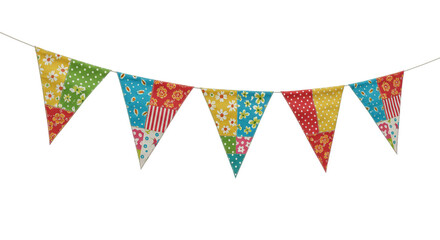 Obraz premium Colorful triangular pennants decorated with vibrant patterns hang neatly in a row, connected by a sturdy string. The flags display a variety of designs—floral prints, polka dots, stripes, and patchwor