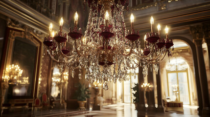 Fototapeta premium A magnificent crystal chandelier illuminates a grand ballroom, its warm glow reflecting off opulent details and hinting at a lavish, elegant gathering.