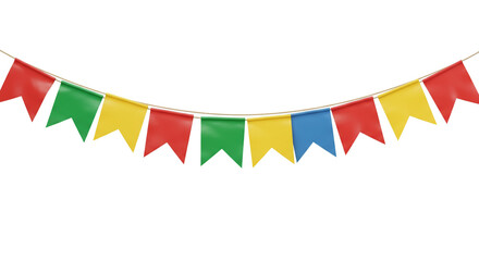 Strings of triangular pennants swing softly showing a playful pattern of red green yellow and blue These cheerful flags feel right at home in a lively and colorful Festa Junina