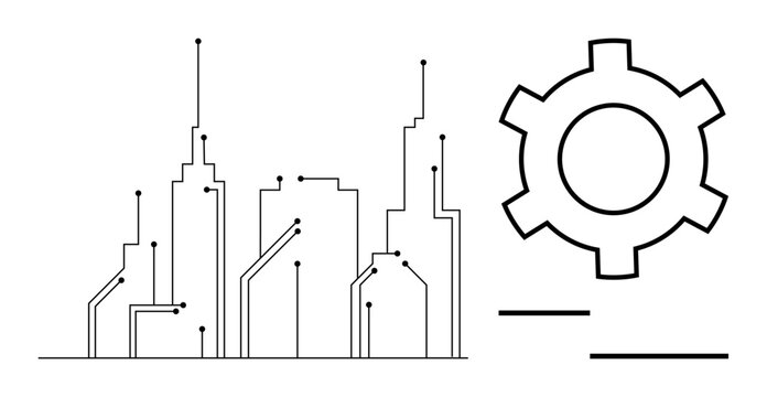 Stylized cityscape with digital connection lines emphasizes innovation. Gear represents technology and automation. Ideal for smart city, technology, innovation, urban planning, automation, IoT