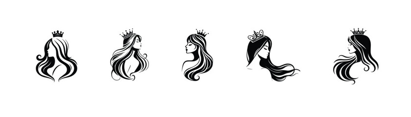 Crown women silhouettes, designs, regal feminine icons, hair styling concepts, 