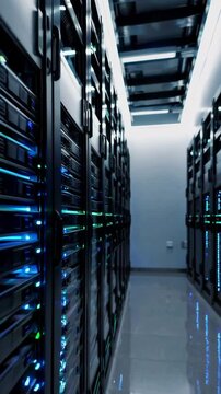 Hightech data center with blinking servers in motion displaying digital information
