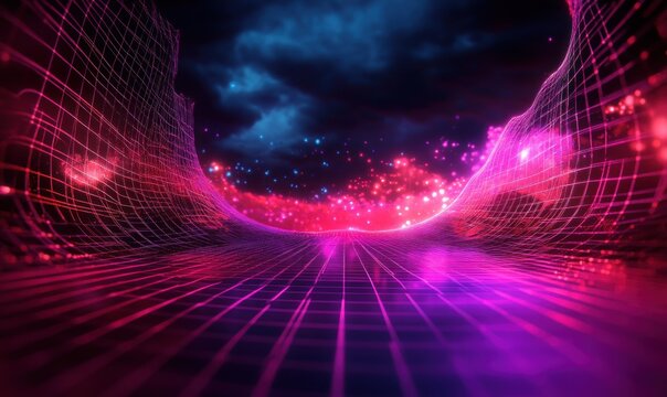 Futuristic Technology Abstract Background in Cyberpunk Style with Neon Lighting and 3D Wireframe Grid Pattern