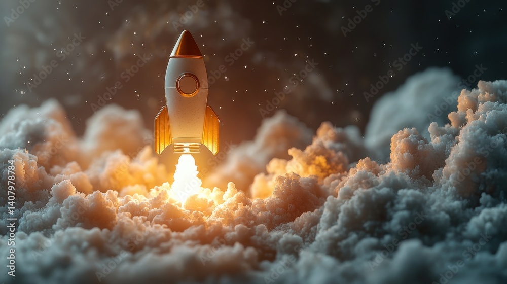 Poster innovative lightbulb rocket launch on soft gray background