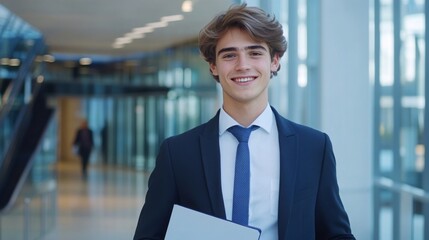 Young professional smiles confidently in modern office hallway during a busy workday