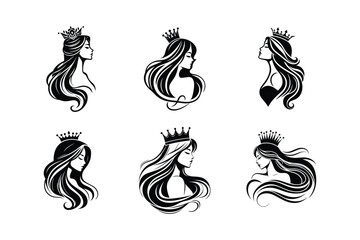 Elegant queen silhouettes, flowing hair, regal crowns, black and white illustrations, minimalist royal portraits, feminine profiles, graceful lines, stylized hair designs, noble women icons, monochrom