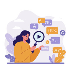 Exploring Linguistic Horizons: A vibrant illustration capturing a woman using a magnifying glass to examine diverse language bubbles with international symbols.