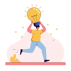 Illuminating Innovation: A person sprints forward, carrying a giant lightbulb, symbolizing a spark of creativity. An inspiring and motivational portrayal.