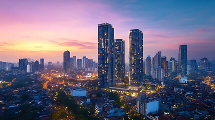 Fototapeta premium Sunset sky lighting downtown skyline and skyscraper silhouettes high resolution picture