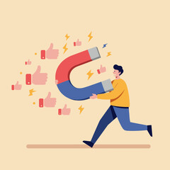 Magnetic Attraction: An illustrated man embraces a giant magnet, effortlessly drawing in a cascade of 'likes' and symbolising social media engagement.