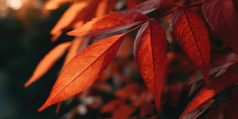 Vibrant red leaves glowing in autumn sunlight