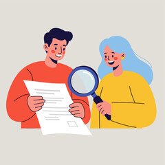 Collaboration under scrutiny: A vibrant illustration depicts two individuals closely examining a document together, with one utilizing a magnifying glass to scrutinize the details.