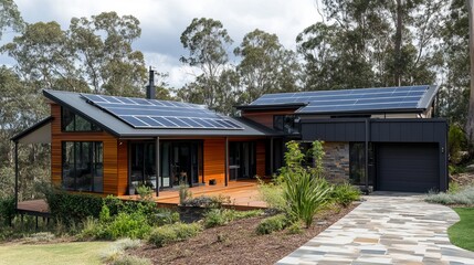 Obraz premium Modern home with solar panels on roof and wooden deck surrounded by trees on a cloudy day outside view