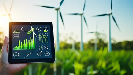 Person holding a tablet displaying data analytics in a green field with wind turbines in the background - Powered by Adobe