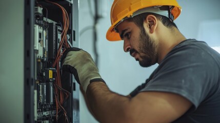 Hispanic electrician upgrading the electrical panel in a basement. Featuring electrical system upgrade and home safety