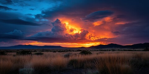 Fototapeta premium Dramatic sunset over the desert landscape with clouds