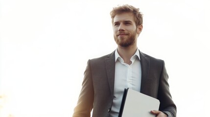 Confident man in a suit holding a binder while walking outdoors in a bright setting during the morning