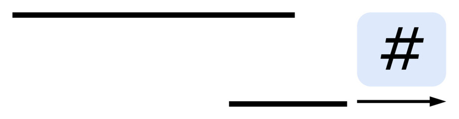 Bold horizontal and directional arrow lines lead to a highlighted metadata tag symbol in a blue square. Ideal for navigation, social media concept, digital communication, trends, direction, focus