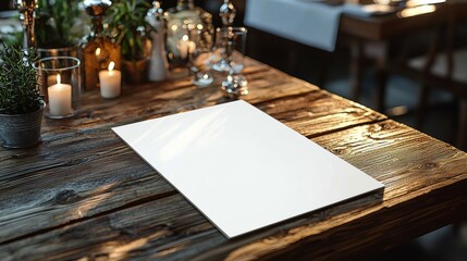 Blank Menu Mockup on Rustic Wooden Table in Restaurant Setting
