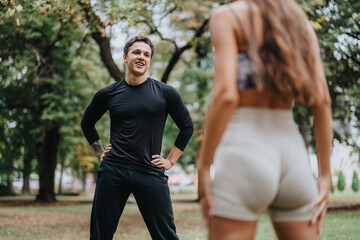 A male fitness trainer enthusiastically leads an exercise session outdoors, motivating participants...