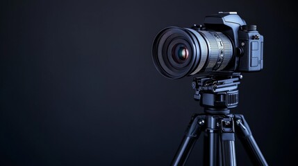 Professional DSLR Camera on Tripod Dark Background  Equipment