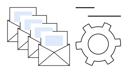 Envelopes arranged sequentially beside a gear icon, representing email processes. Ideal for automation, communication, workflow, management, digital tools, email services, and a simple landing page