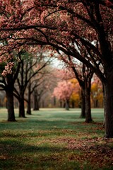 Fototapeta premium Blossom-laden trees in a serene spring park landscape