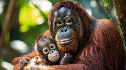 Fototapeta premium Mother Orangutan Tenderly Holding Her Baby in Lush Green Foliage