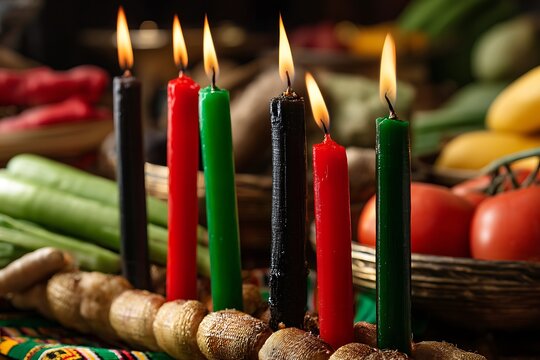 A detailed close-up of a kinara with its seven candles in black, red, and green, flickering softly against a backdrop of vibrant gifts and fresh vegetables, celebrating the Kwanzaa spirit.