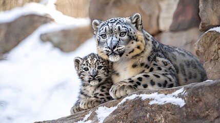 Fototapeta premium Adorable Snow Leopard Mother and Cub Resting on Rocks in Snowy Habitat