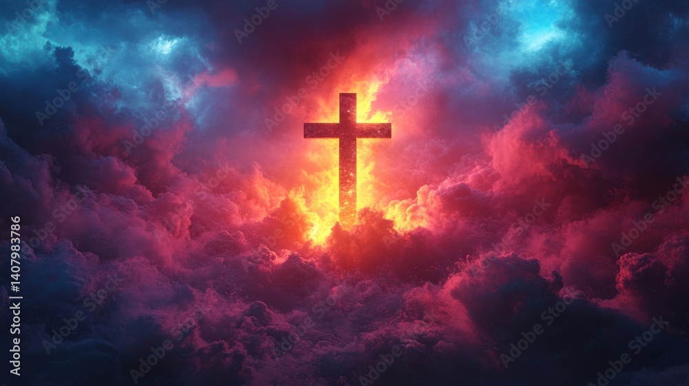 Poster jesus cross symbol on colorful clouds background generative ai colorful clouds background,christian cross in the middle christian religion cross on spiritual background,stock photo