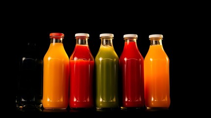 Assorted Fresh Fruit Juices in Clear Bottles &ndash; Studio Shot on Black Background