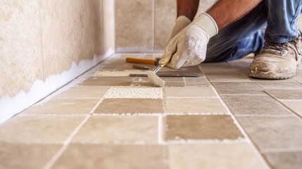 Tile setter applying grout between tiles in a kitchen. Featuring precision and care