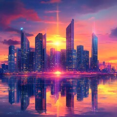 Obraz premium City buildings under glowing sunset with architectural charm high resolution picture