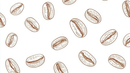 Seamless pattern featuring sketched coffee beans spread across a white background in a simple design