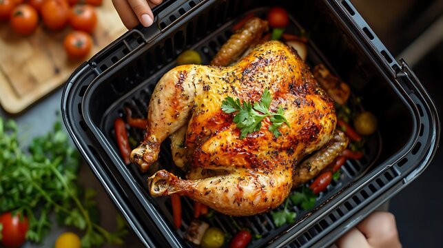 Roasted Whole Chicken with Parsley and Vegetables in Air Fryer basket meal
