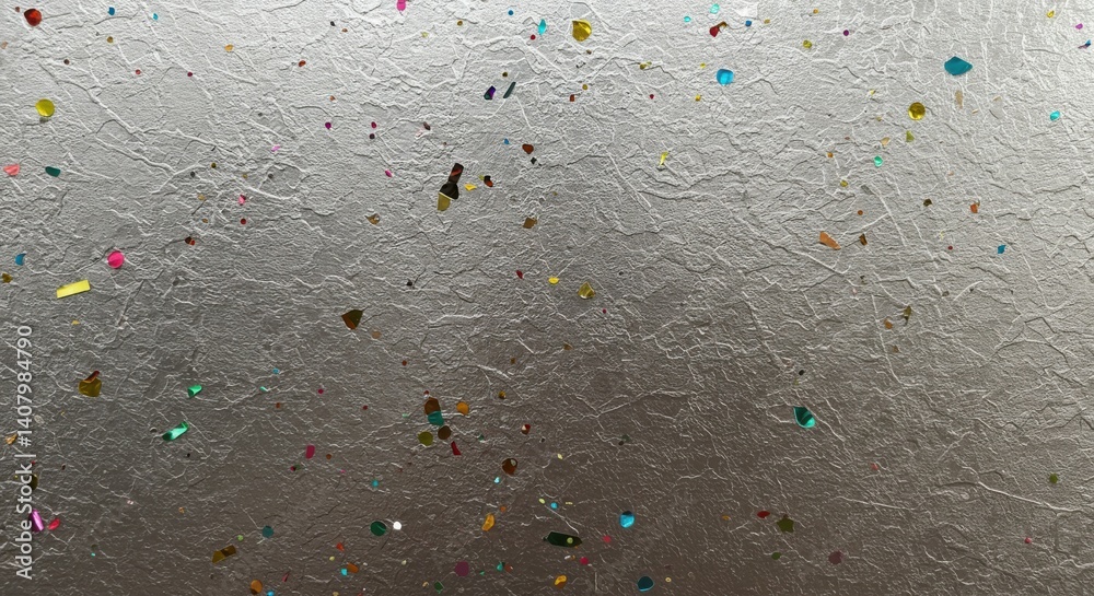 Poster silver textured surface with colorful confetti scattered creatively