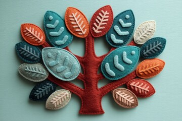 Naklejka premium Colorful felt tree with leaves in various shapes arranged on a soft blue background