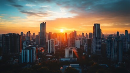 Obraz premium Sunset light reflecting on skyscrapers in downtown skyline high resolution picture