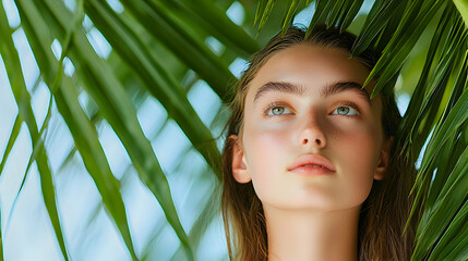 Fototapeta premium Portrait Of A Young Woman With Freckles And Wet Hair Under Palm Leaves In Tropical Sunlight