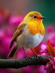 Robin sits on a branch with spring flowers
